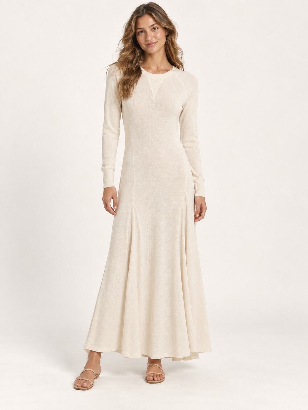 Polo Ralph Lauren Cream Cotton Knit Hi Low Long Sleeve Maxi Dress NWT Size Small
